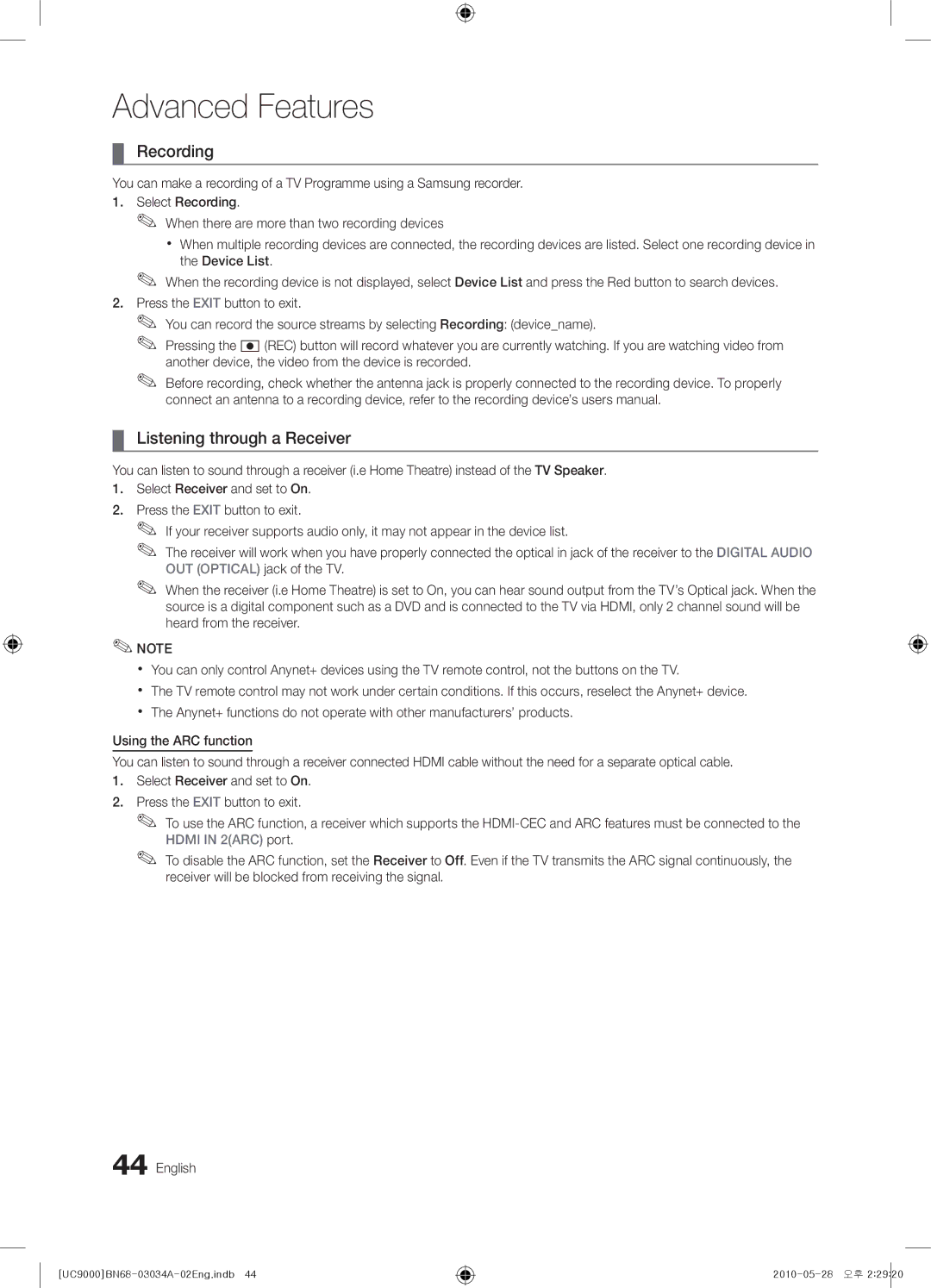 Samsung UA55C9000SRXXV, UA55C9000SRXMN, UA55C9000SRXSW, UA55C9000SRXZN manual Recording, Listening through a Receiver 