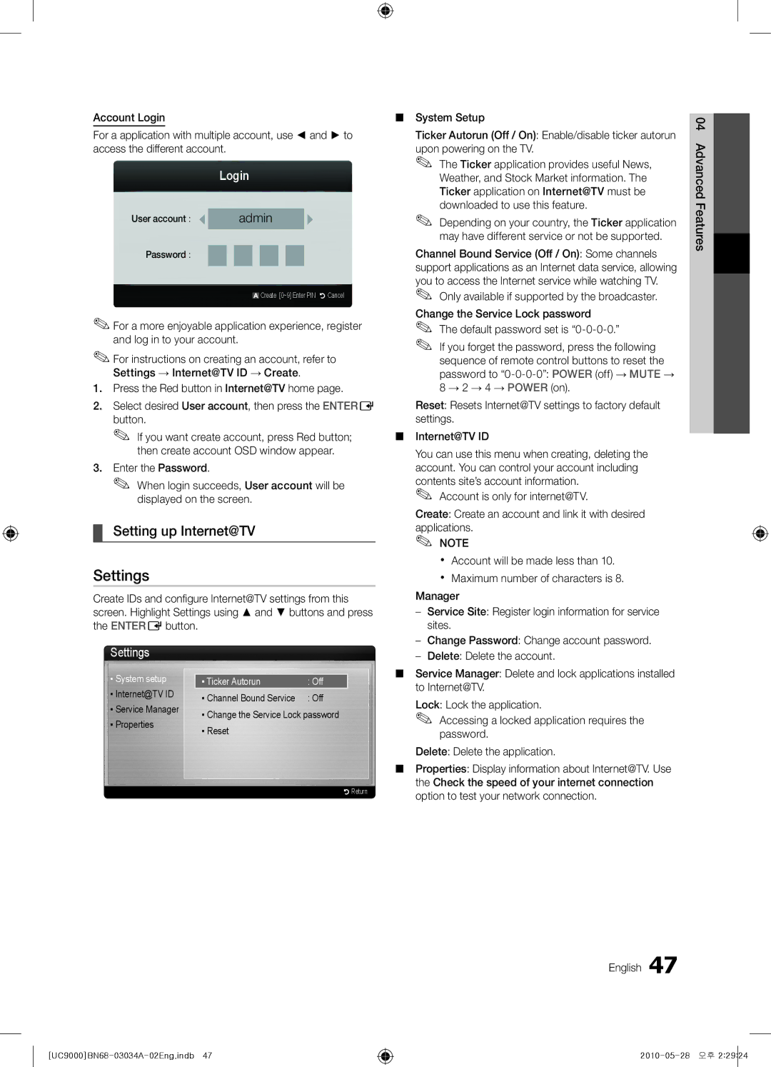 Samsung UA55C9000SRXSQ, UA55C9000SRXMN, UA55C9000SRXSW manual Setting up Internet@TV, Login, English Advanced Features 