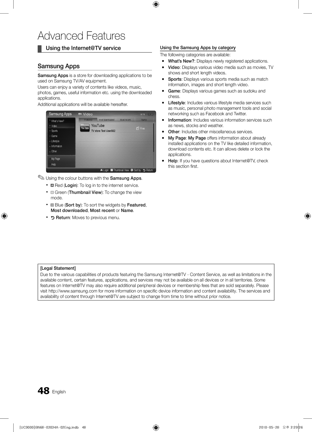 Samsung UA55C9000SRXMN, UA55C9000SRXSW, UA55C9000SRXZN, UA55C9000SRXHC manual Samsung Apps, Using the Internet@TV service 