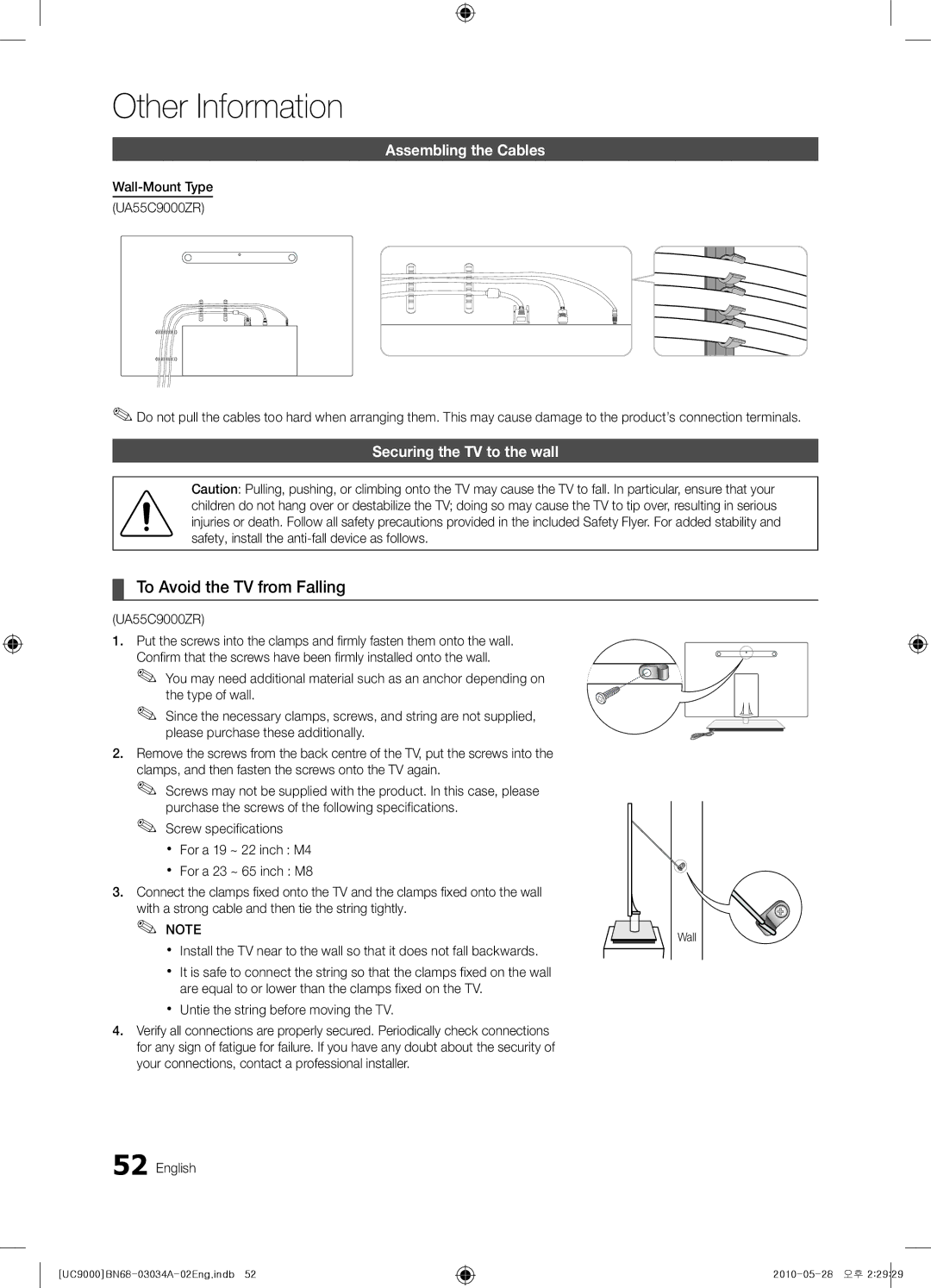 Samsung UA55C9000ZRXZN, UA55C9000SRXMN To Avoid the TV from Falling, Assembling the Cables, Securing the TV to the wall 