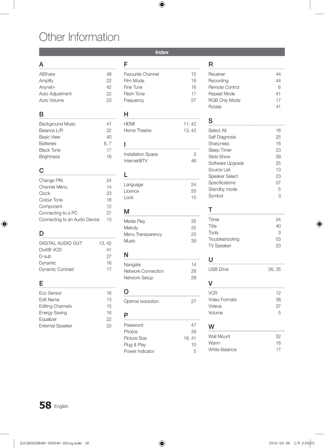 Samsung UA55C9000ZRXXV, UA55C9000SRXMN, UA55C9000SRXSW, UA55C9000SRXZN, UA55C9000SRXHC manual Index, Digital Audio OUT 