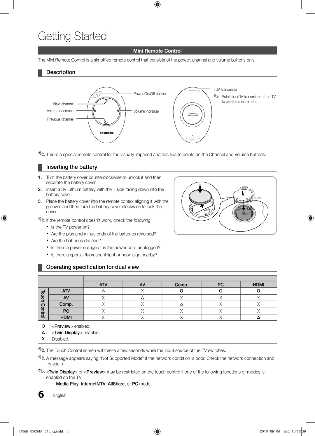 Samsung UA55C9000SRXTW Description, Inserting the battery, Operating specification for dual view, Mini Remote Control 