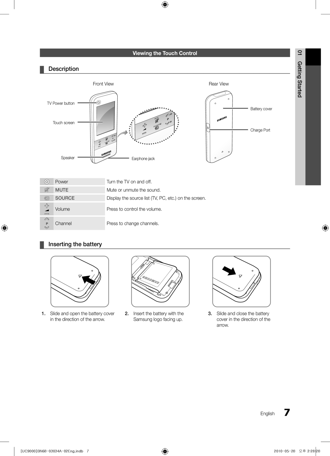 Samsung UA55C9000SRXUM, UA55C9000SRXMN Viewing the Touch Control, Front View Rear View, Power, Mute or unmute the sound 