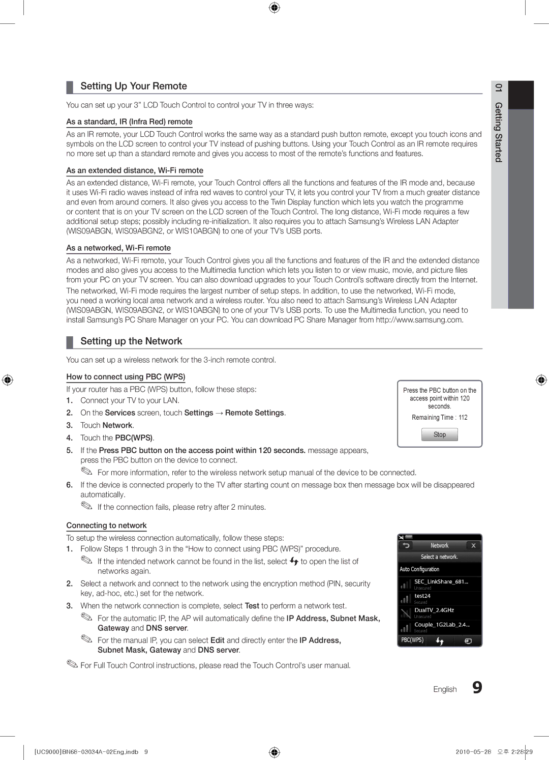 Samsung UA55C9000SRMXV manual Setting Up Your Remote, Setting up the Network, As an extended distance, Wi-Fi remote 