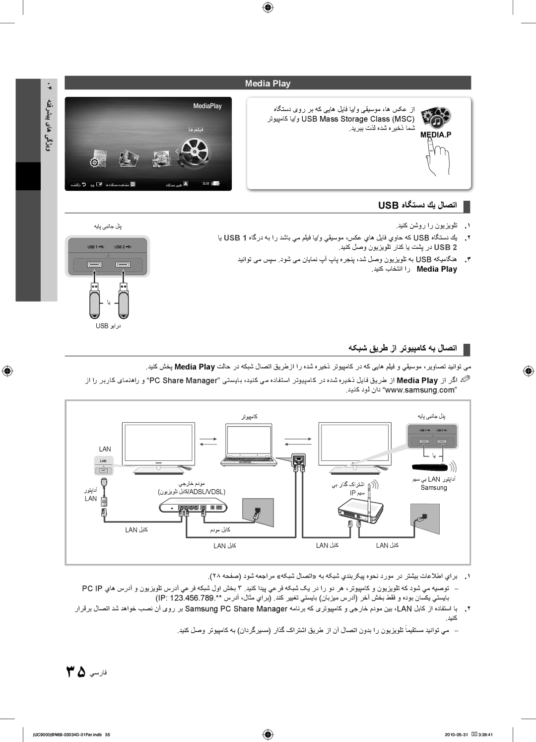 Samsung UA55C9000SRXHC manual Usb هاگتسد كي لاصتا, هکبش قیرط زا رتویپماک هب لاصتا, Media Play, دیربب تذل هدش هریخذ امش 