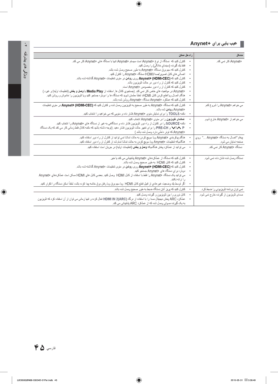 Samsung UA55C9000ZRXUM, UA55C9000SRXMN, UA55C9000SRXSW, UA55C9000SRXZN, UA55C9000SRXHC manual Anynet+ يارب يباي بيع, 45 يسراف 