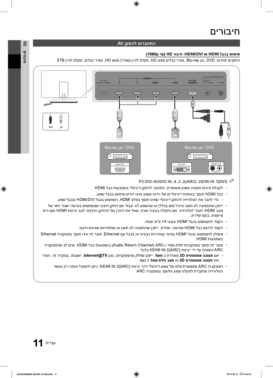 Samsung UA55C9000SRXSQ manual Av ןקתהל תורבחתה, 02 םירוביח, 1080p דע HD רוביח HDMI/DVI וא Hdmi לבכב שומיש 