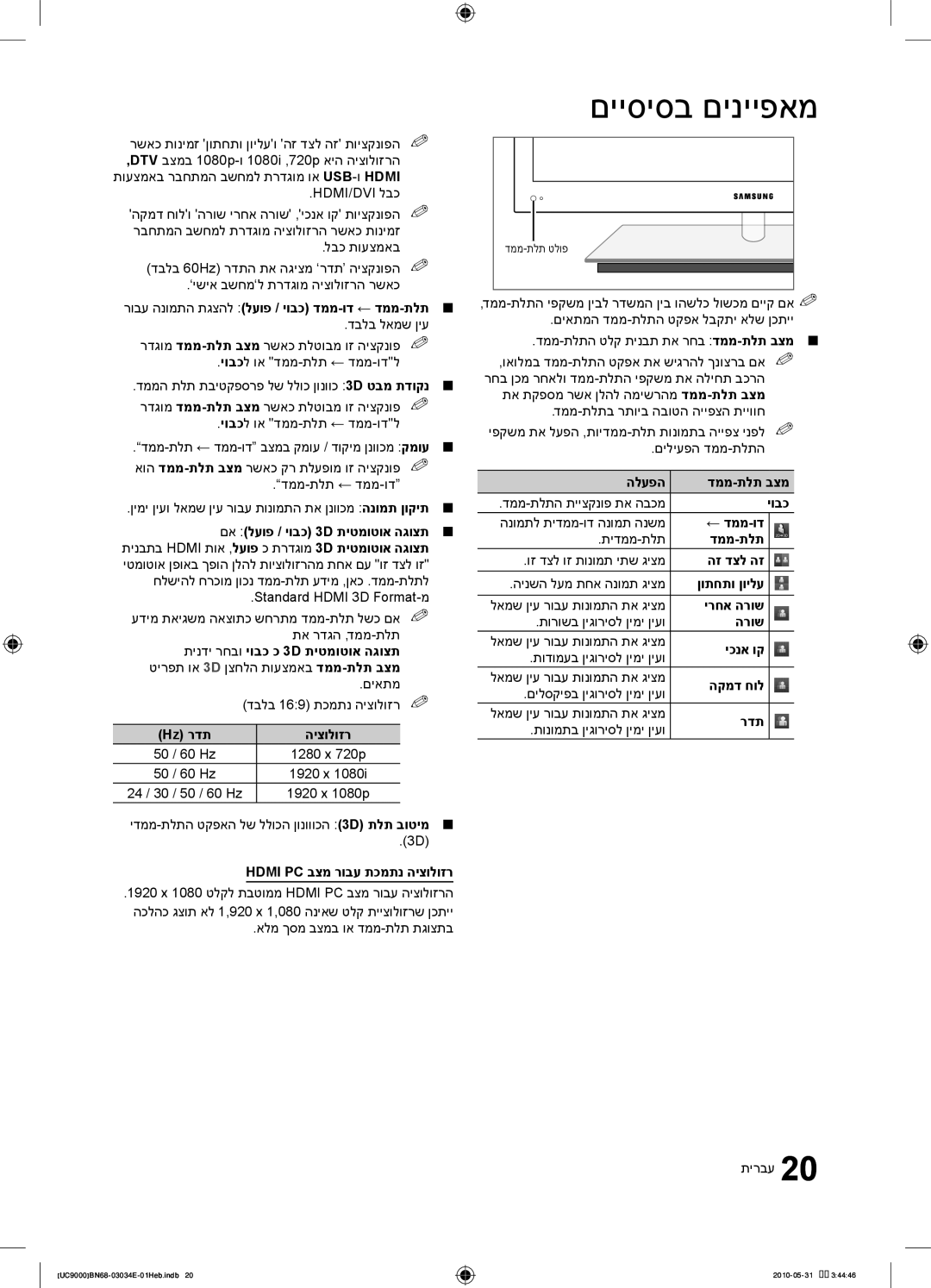 Samsung UA55C9000SRXSQ רובע הנומתה תגצהל לעופ / יובכ דממ-וד ← דממ-תלת, Hz רדת היצולוזר, Hdmi PC בצמ רובע תכמתנ היצולוזר 