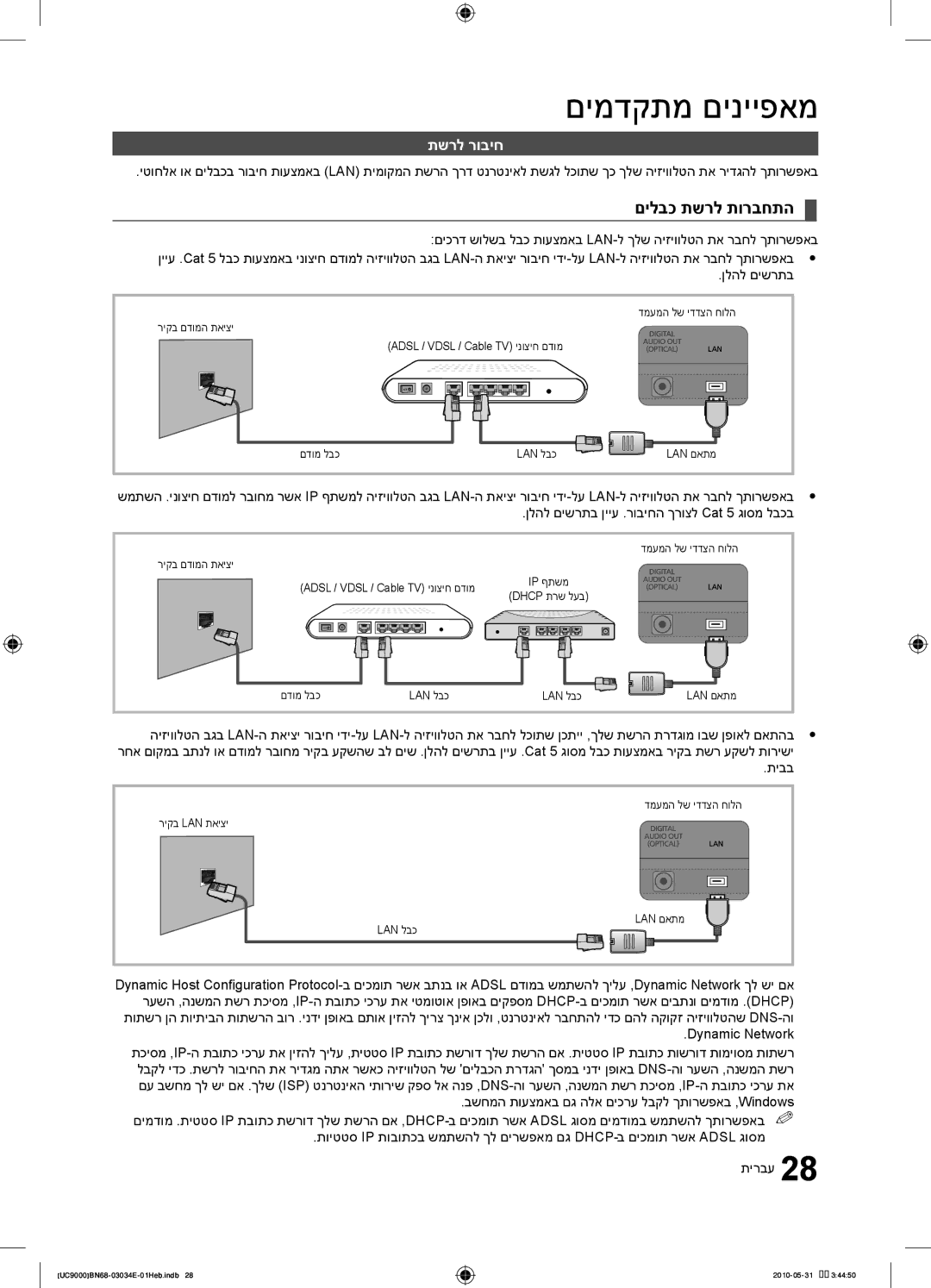 Samsung UA55C9000SRXSQ manual םילבכ תשרל תורבחתה, תשרל רוביח 