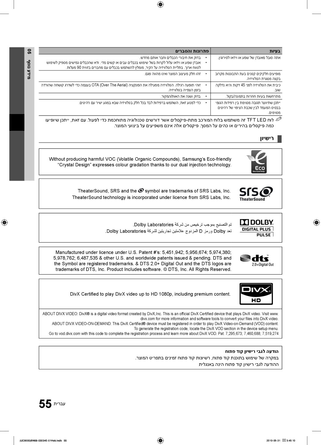 Samsung UA55C9000SRXSQ manual 05 ףסונ עדימ םירבסהו תונורתפ תויעב, חותפ דוק ןוישיר יבגל העדוה, 55 תירבע 