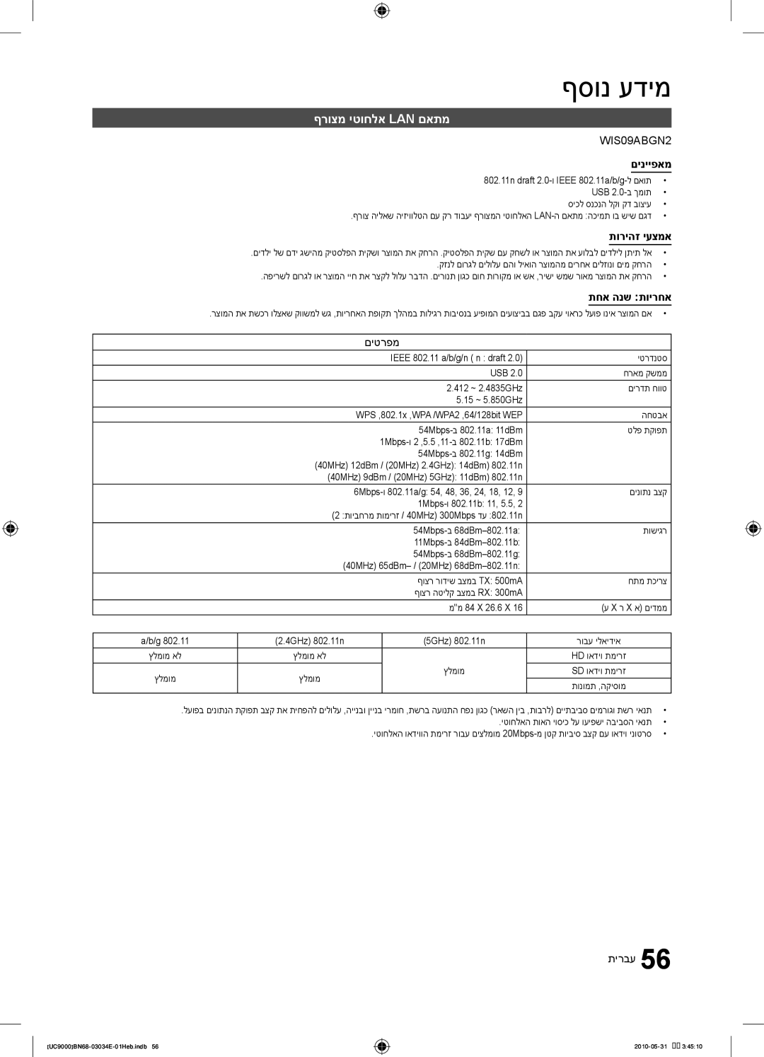 Samsung UA55C9000SRXSQ manual ףרוצמ יטוחלא Lan םאתמ, םינייפאמ, תוריהז יעצמא, תחא הנש תוירחא, םיטרפמ 