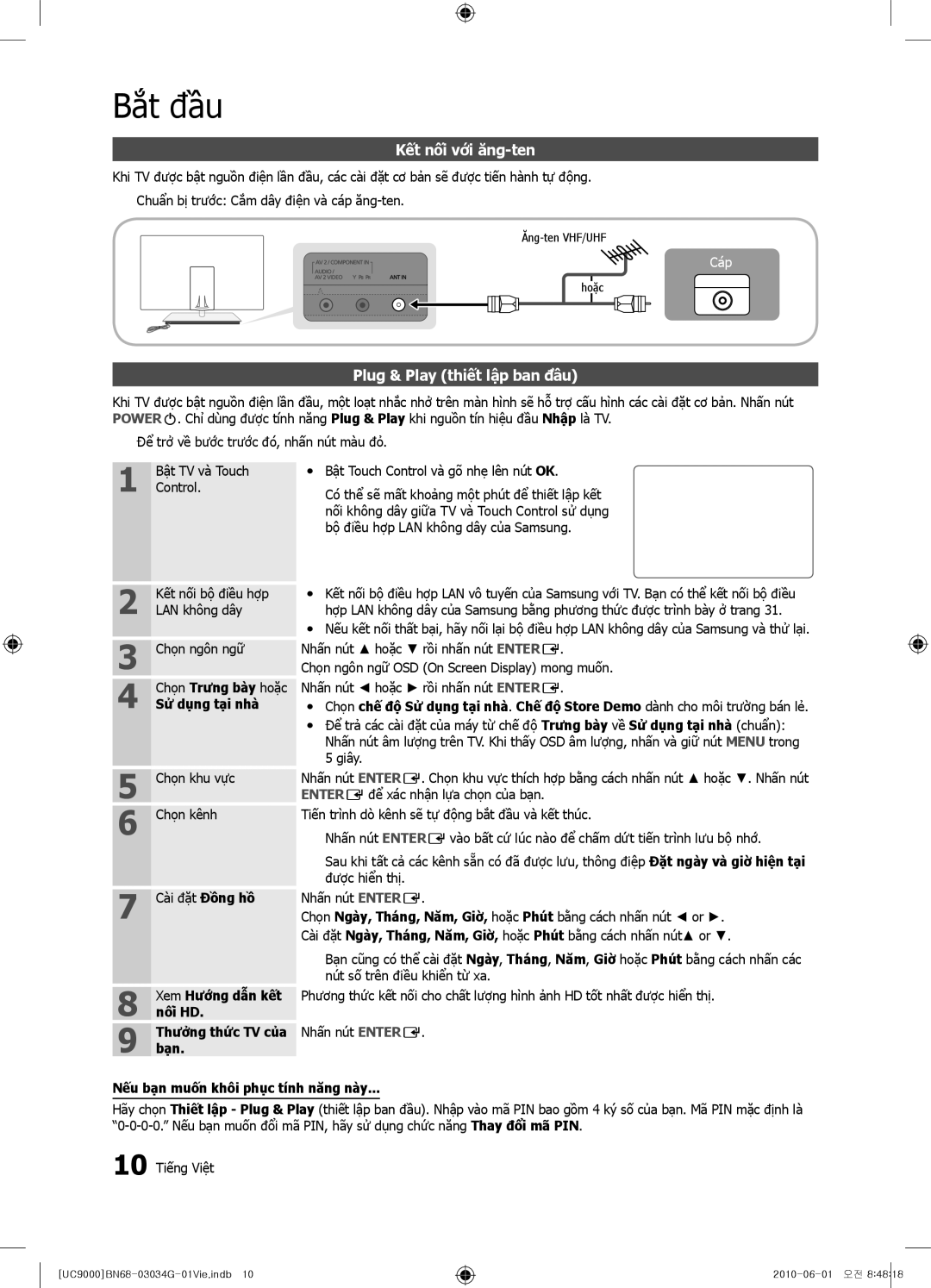 Samsung UA55C9000SRMXV manual Kết nối với ăng-ten, Plug & Play thiết lập ban đầu, Chọn Trưng bày hoặc Sử dung tai nhà 