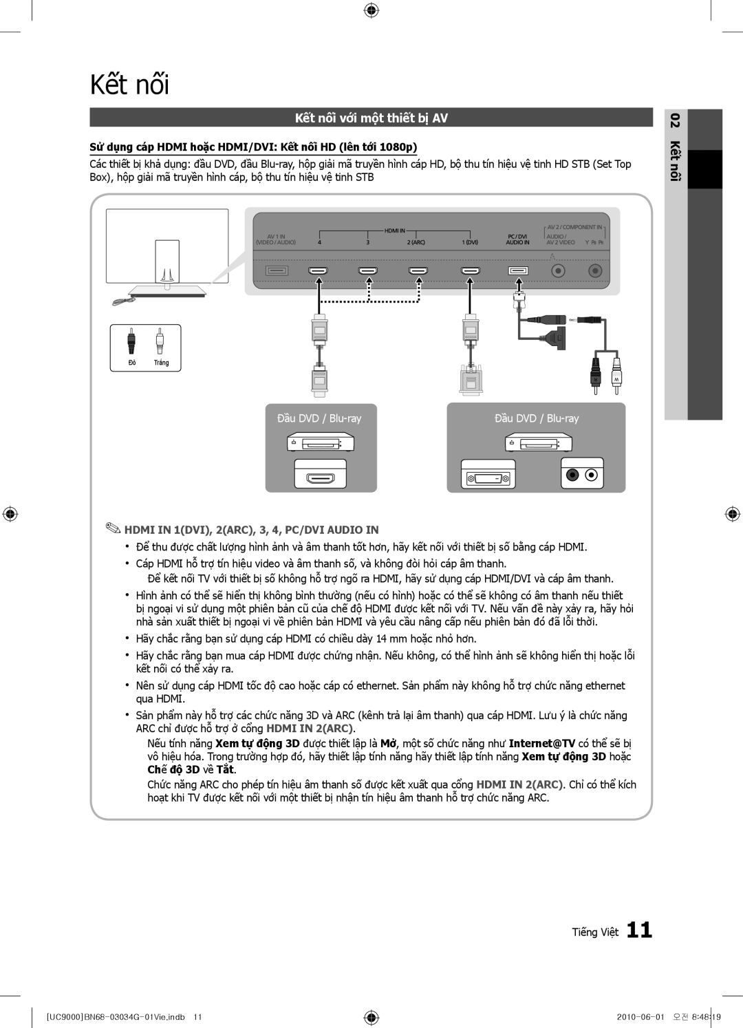 Samsung UA55C9000ZRXXV Kết nối với một thiết bị AV, Sử dụng cáp Hdmi hoặc HDMI/DVI Kết nối HD lên tới 1080p, 02 Kết nối 