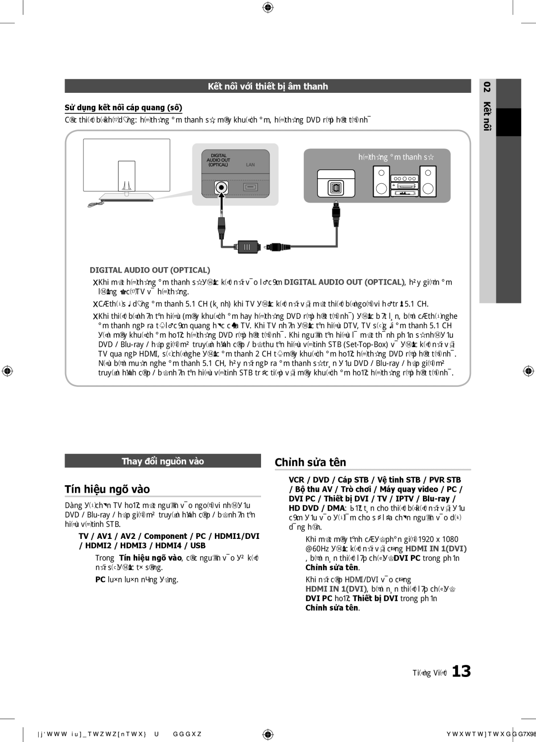 Samsung UA55C9000SRMXV, UA55C9000SRXXV Tín hiệu ngõ vào, Chỉnh sửa tên, Kết nối với thiết bị âm thanh, Thay đổi nguồ̀n vào 