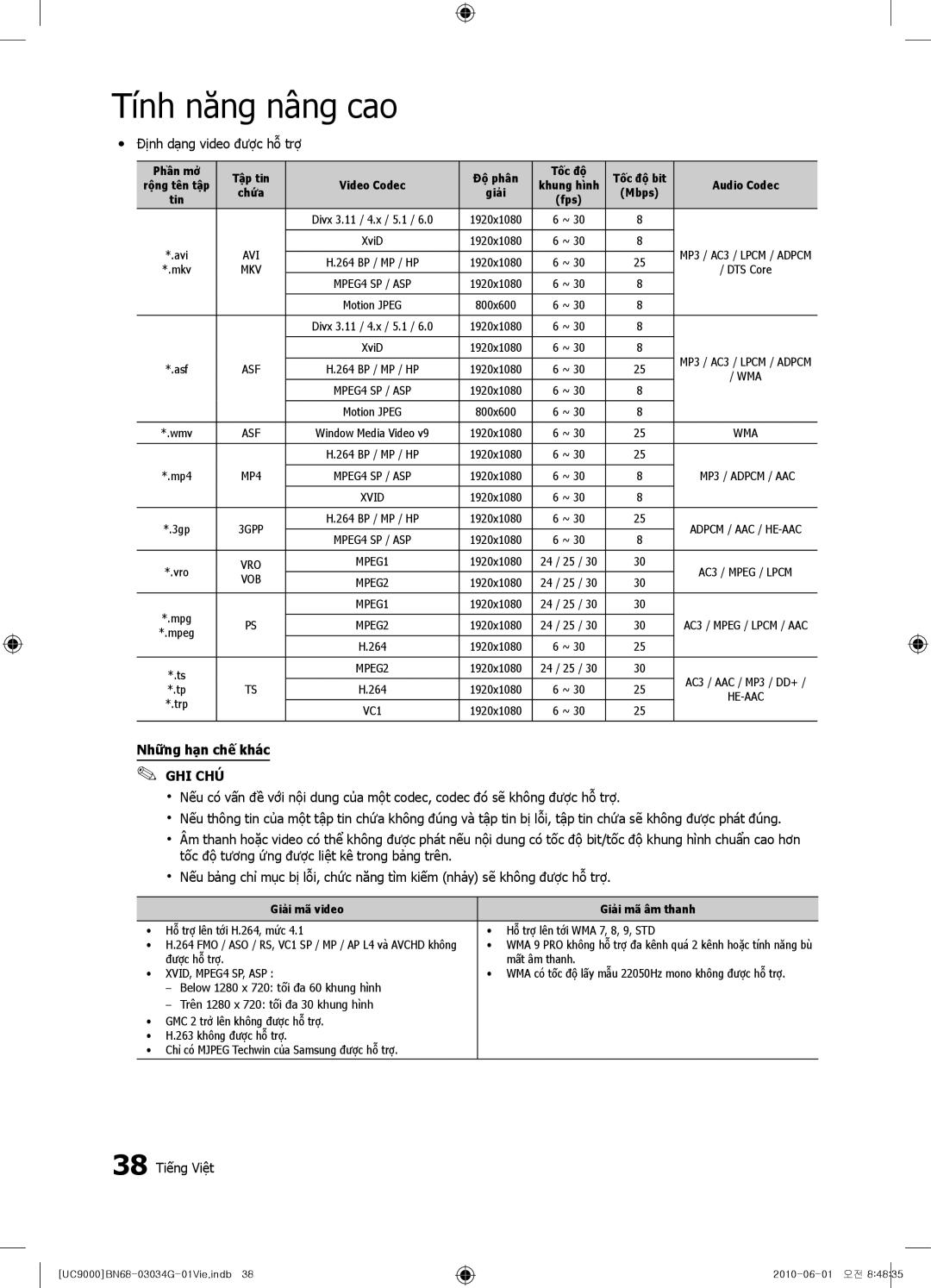 Samsung UA55C9000ZRXXV, UA55C9000SRXXV manual Yy Định dạng video được hỗ trợ, 38 Tiếng Việt, Phần mở Tập tin Độ phân Tốc độ 