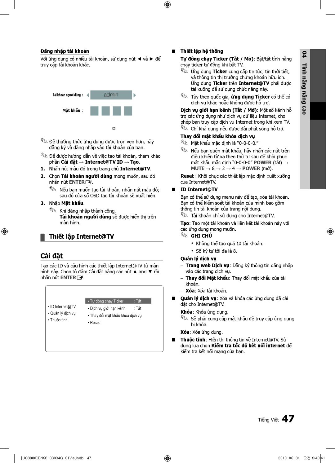 Samsung UA55C9000ZRXXV, UA55C9000SRXXV, UA55C9000SRMXV manual Cai đăt, Thiết lập Internet@TV, Đăng nhập 