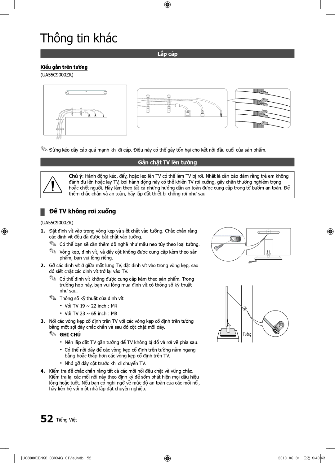 Samsung UA55C9000SRMXV, UA55C9000SRXXV manual Để TV không rơi xuống, Lắp cáp, Gắn chặt TV lên tường, Kiểu gắn trên tường 