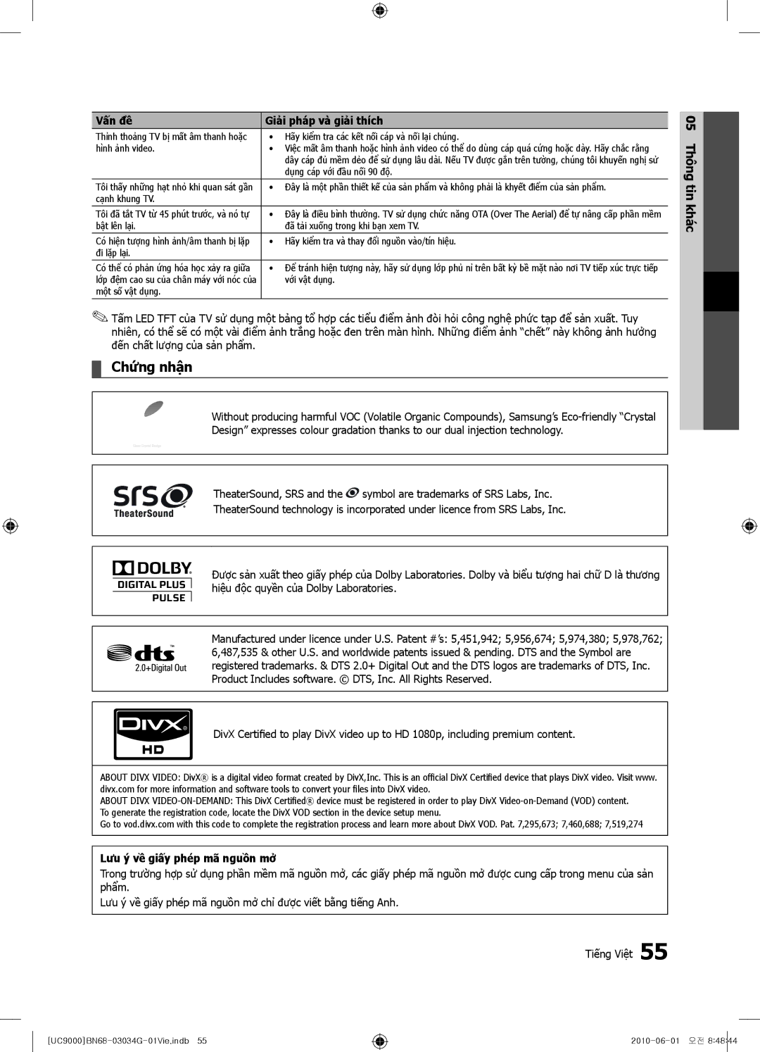 Samsung UA55C9000SRMXV, UA55C9000SRXXV, UA55C9000ZRXXV manual Chứng nhận, Lưu ý về giấy phép mã nguồ̀n mở 