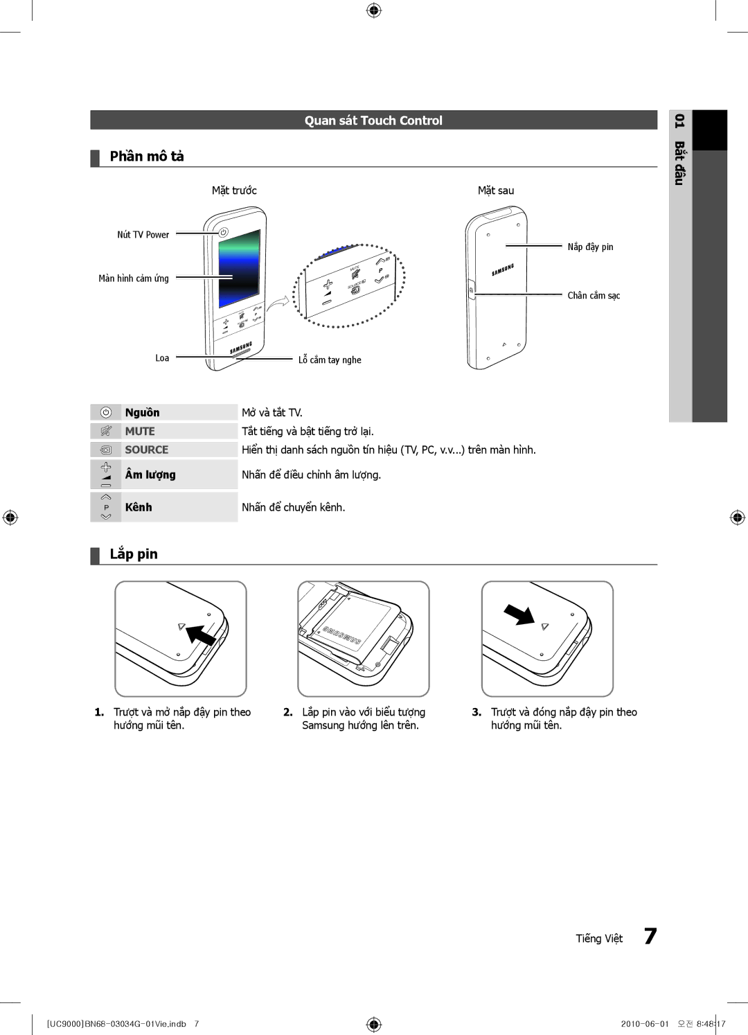 Samsung UA55C9000SRMXV, UA55C9000SRXXV, UA55C9000ZRXXV manual Phân mô ta, Quan sát Touch Control, Mute, Source 