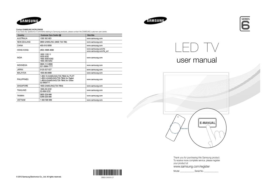 Samsung UA46EH6030MXSQ manual 1300 362, Samsung 0800 726, 852 1800 1100, 3030 1800 3000 1800 266, 021-5699-7777, 800 588 