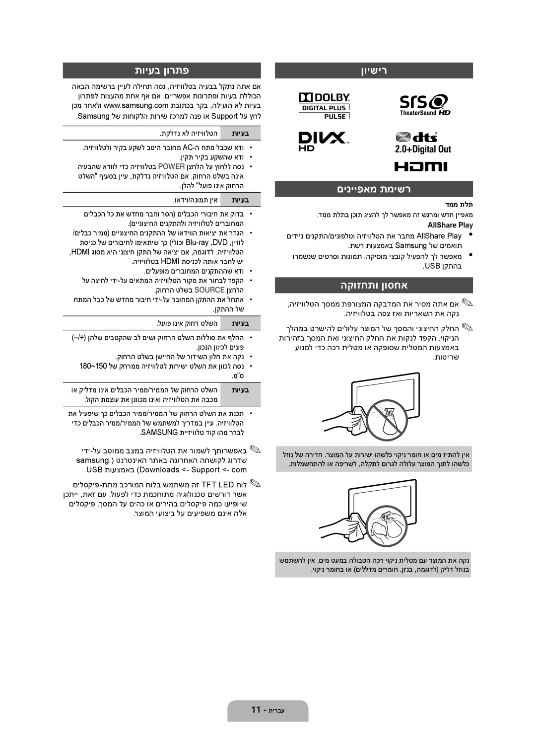 Samsung UA40EH6030MXSQ, UA55EH6030MXSQ, UA46EH6030MXSQ manual תויעב ןורתפ, ןוישיר םינייפאמ תמישר, הקוזחתו ןוסחא 