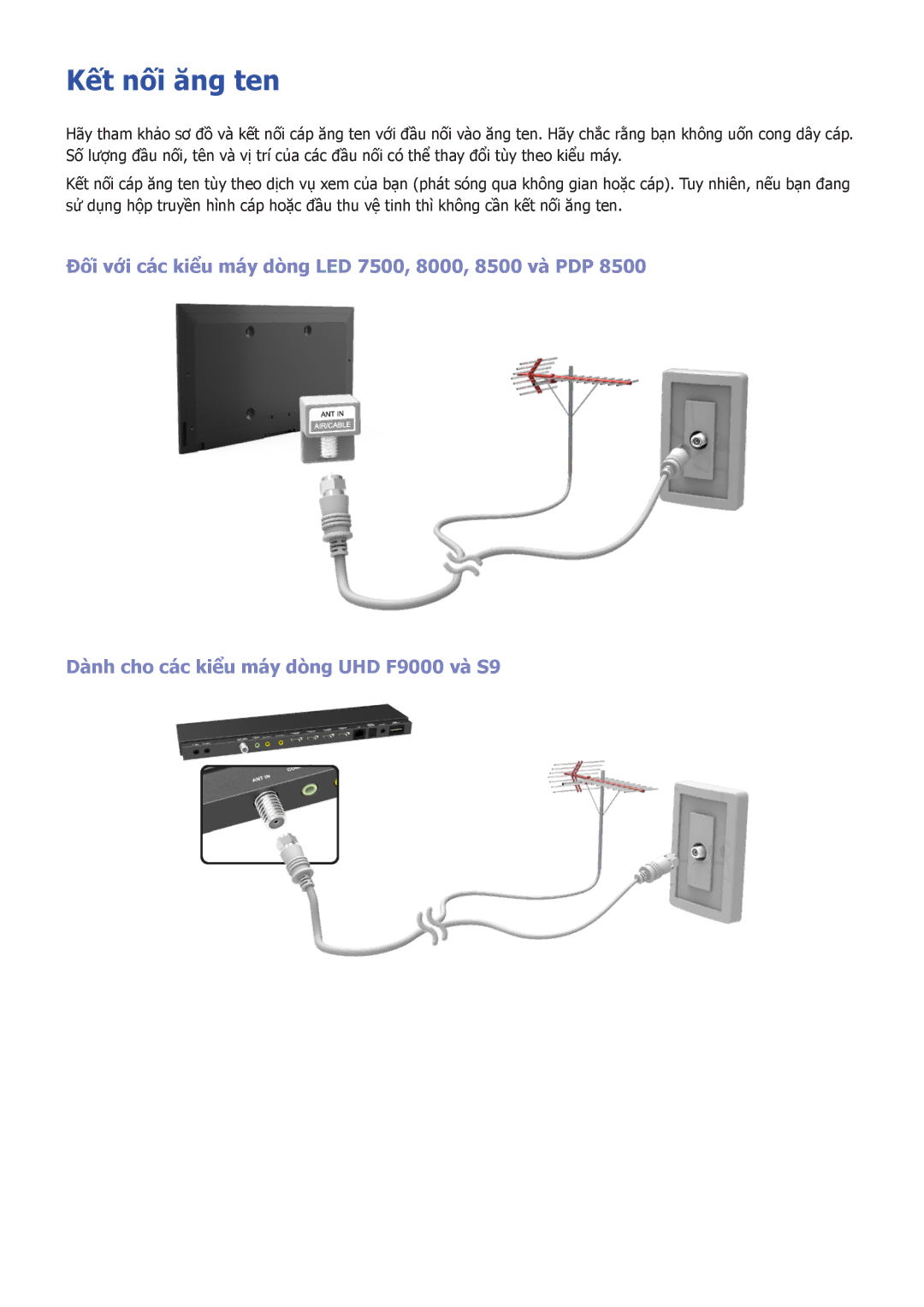 Samsung UA46F7500BRXXV, UA55F7500BRXXV, UA40F7500BRXXV, UA65F8000ARXXV, UA55F8000ARXXV, UA85S9ARXXV manual Kết nối ăng ten 