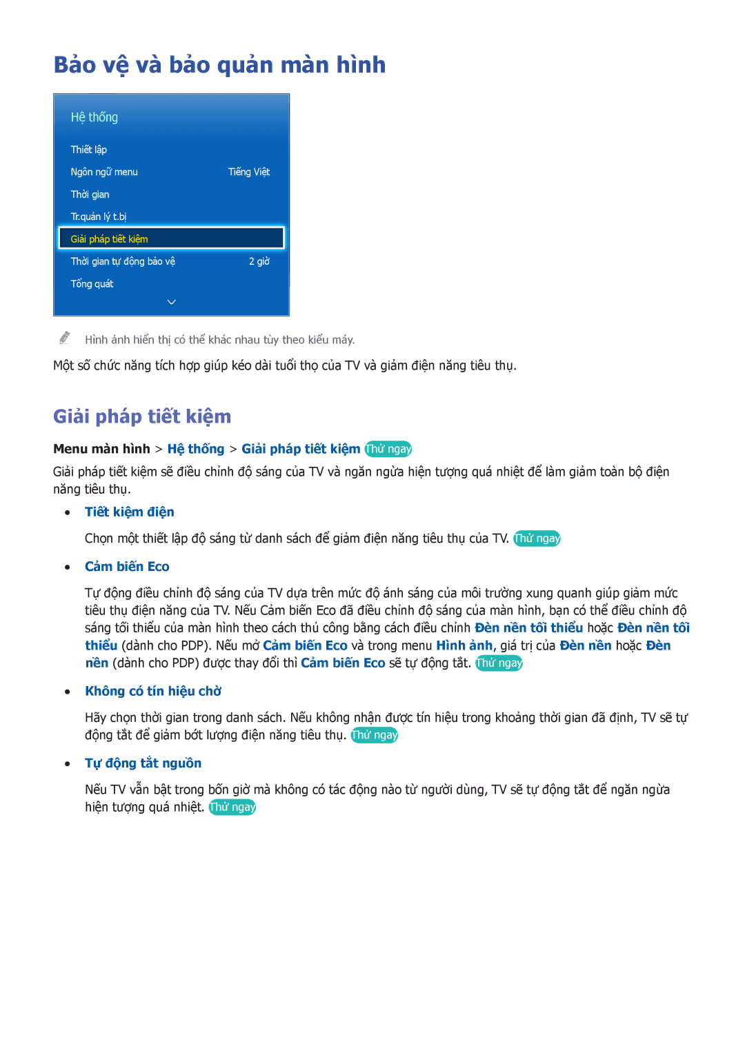 Samsung UA85S9ARXXV, UA55F7500BRXXV, UA40F7500BRXXV, UA46F7500BRXXV manual Bảo vệ và bảo quản màn hình, Giải pháp tiết kiệm 