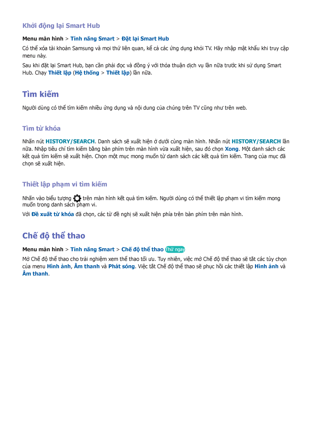 Samsung UA55F9000ARXXV, UA55F7500BRXXV Chế độ thể thao, Khởi động lại Smart Hub, Tìm từ khóa, Thiết lập phạm vi tìm kiếm 
