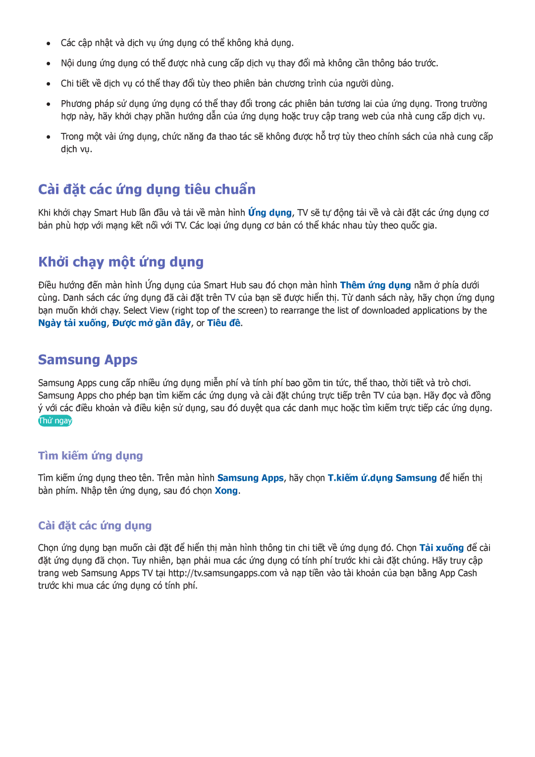 Samsung UA85S9ARXXV manual Cài đặ̣t các ứng dụng tiêu chuẩn, Khởi chạy một ứng dụng, Samsung Apps, Tìm kiếm ứng dụng 