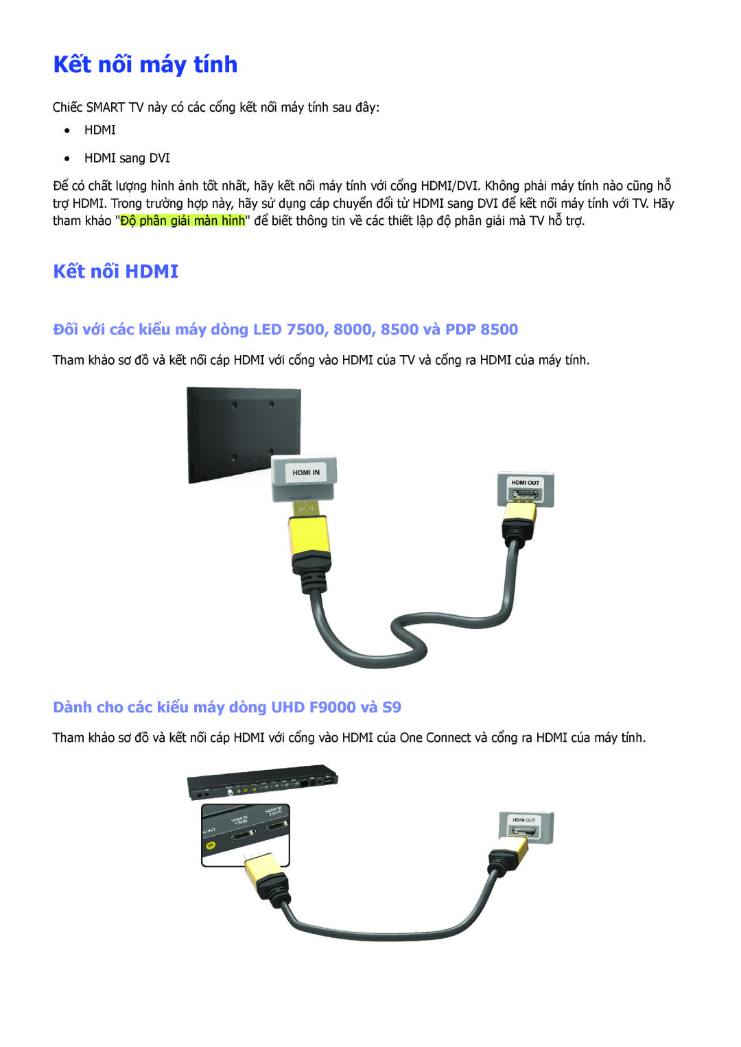Samsung UA65F9000ARXXV, UA55F7500BRXXV, UA40F7500BRXXV, UA46F7500BRXXV, UA65F8000ARXXV manual Kết nối máy tính, Kết nối Hdmi 