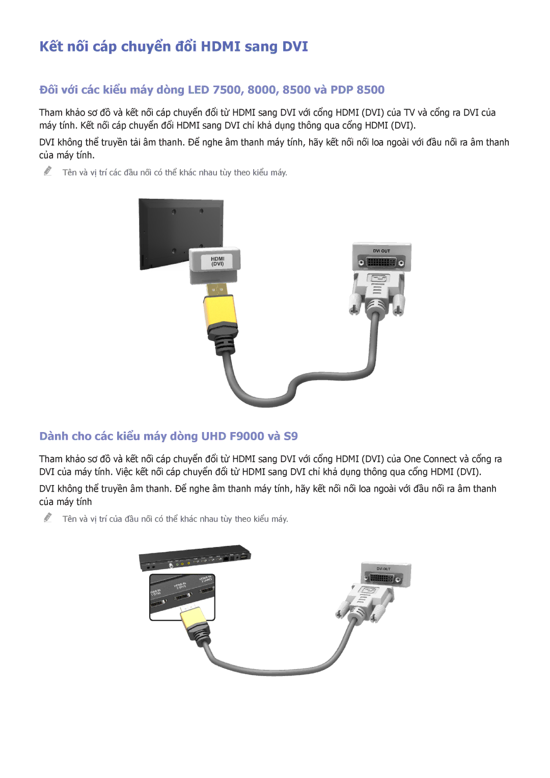 Samsung UA55F9000ARXXV, UA55F7500BRXXV, UA40F7500BRXXV, UA46F7500BRXXV, UA65F8000ARXXV Kết nối cáp chuyển đổi Hdmi sang DVI 