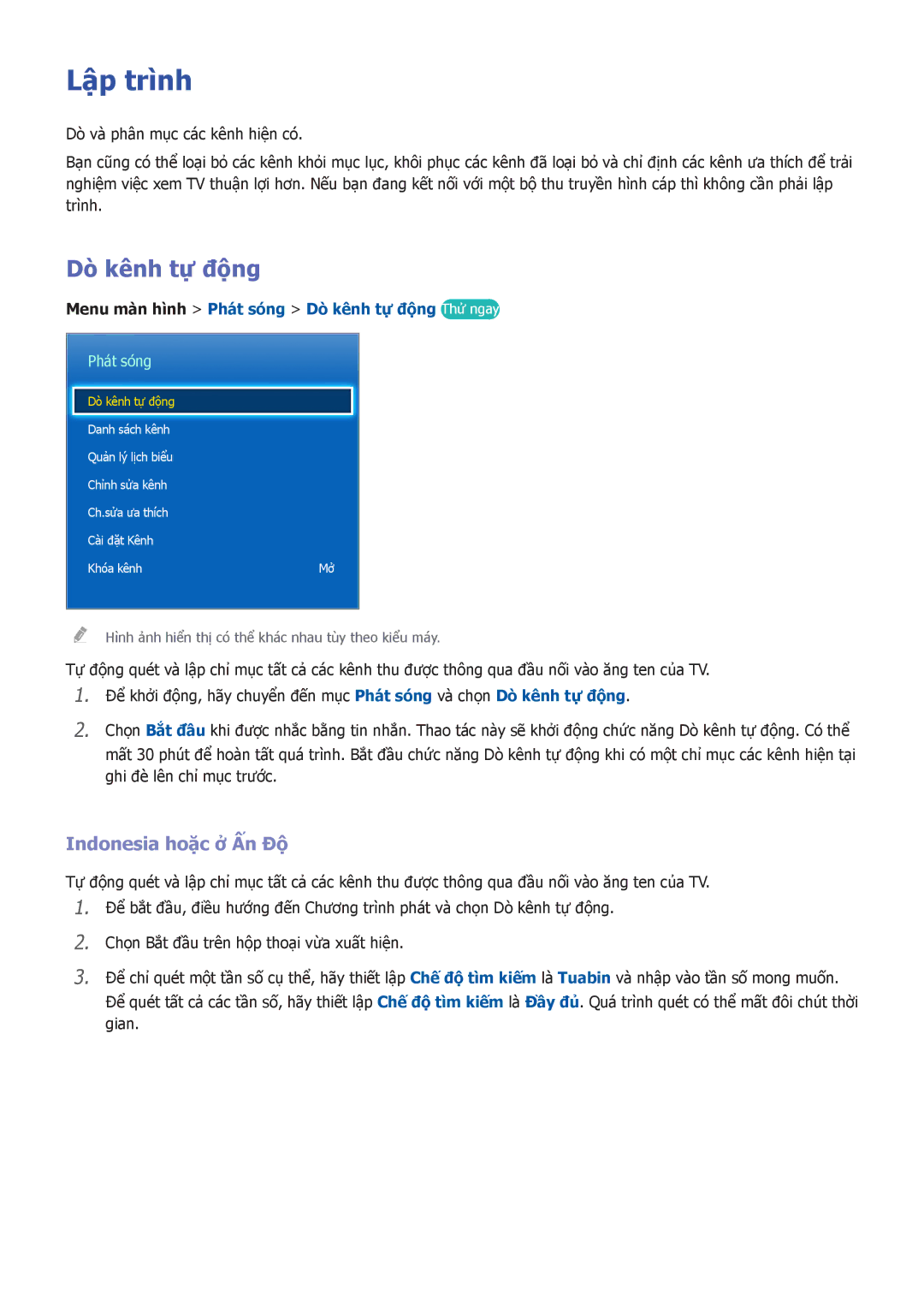 Samsung UA46F7500BRXXV, UA55F7500BRXXV, UA40F7500BRXXV manual Lập trình, Dò kênh tự đông, Indonesia hoặ̣c ở Ấn Độ, Phát sóng 