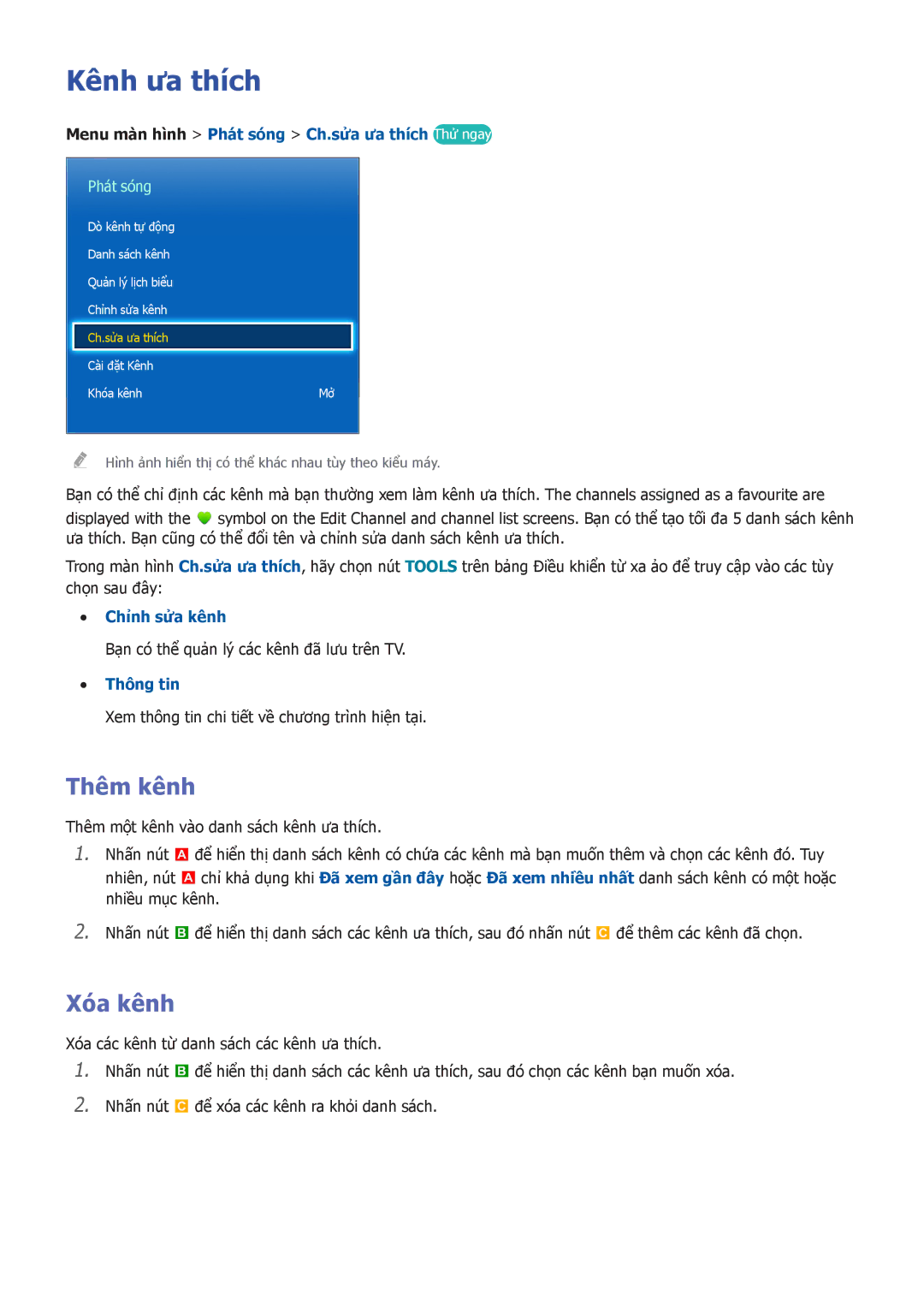 Samsung UA65F9000ARXXV manual Kênh ưa thích, Thêm kênh, Menu màn hình Phát sóng Ch.sửa ưa thích Thử ngay, Chinh sưa kênh 