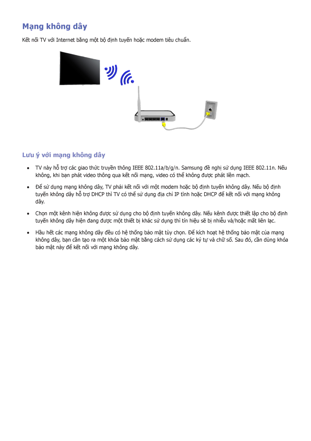 Samsung UA46F7500BRXXV, UA55F7500BRXXV, UA40F7500BRXXV, UA65F8000ARXXV manual Mạng không dây, Lưu ‎ý vớ́i mạng không dây 