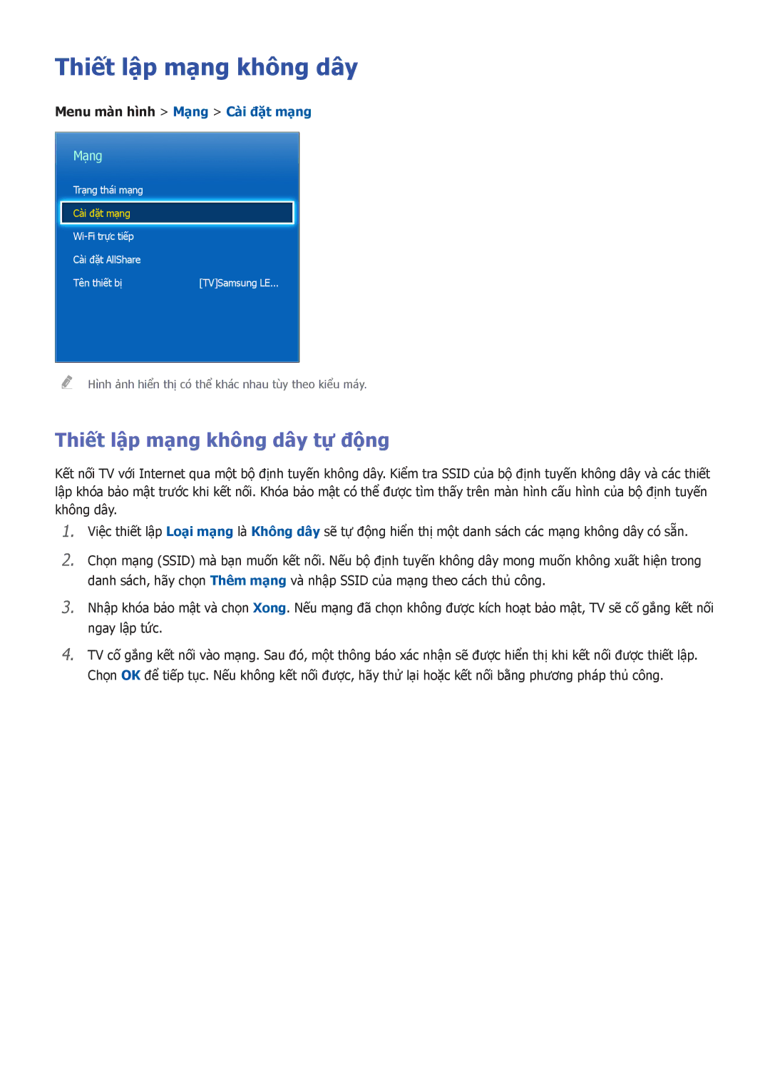 Samsung UA55F7500BRXXV, UA40F7500BRXXV, UA85S9ARXXV Thiết lập mạng không dây tự̣ động, Menu màn hình Mang Cai đặt mang 