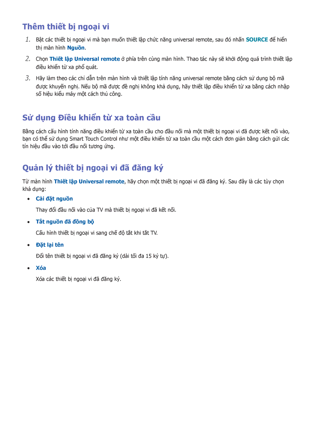 Samsung UA55F8000ARXXV manual Thêm thiết bị ngoại, Sử dụng Điều khiển từ xa toàn cầu, Quản lý thiết bị ngoại vi đã đăng ký 