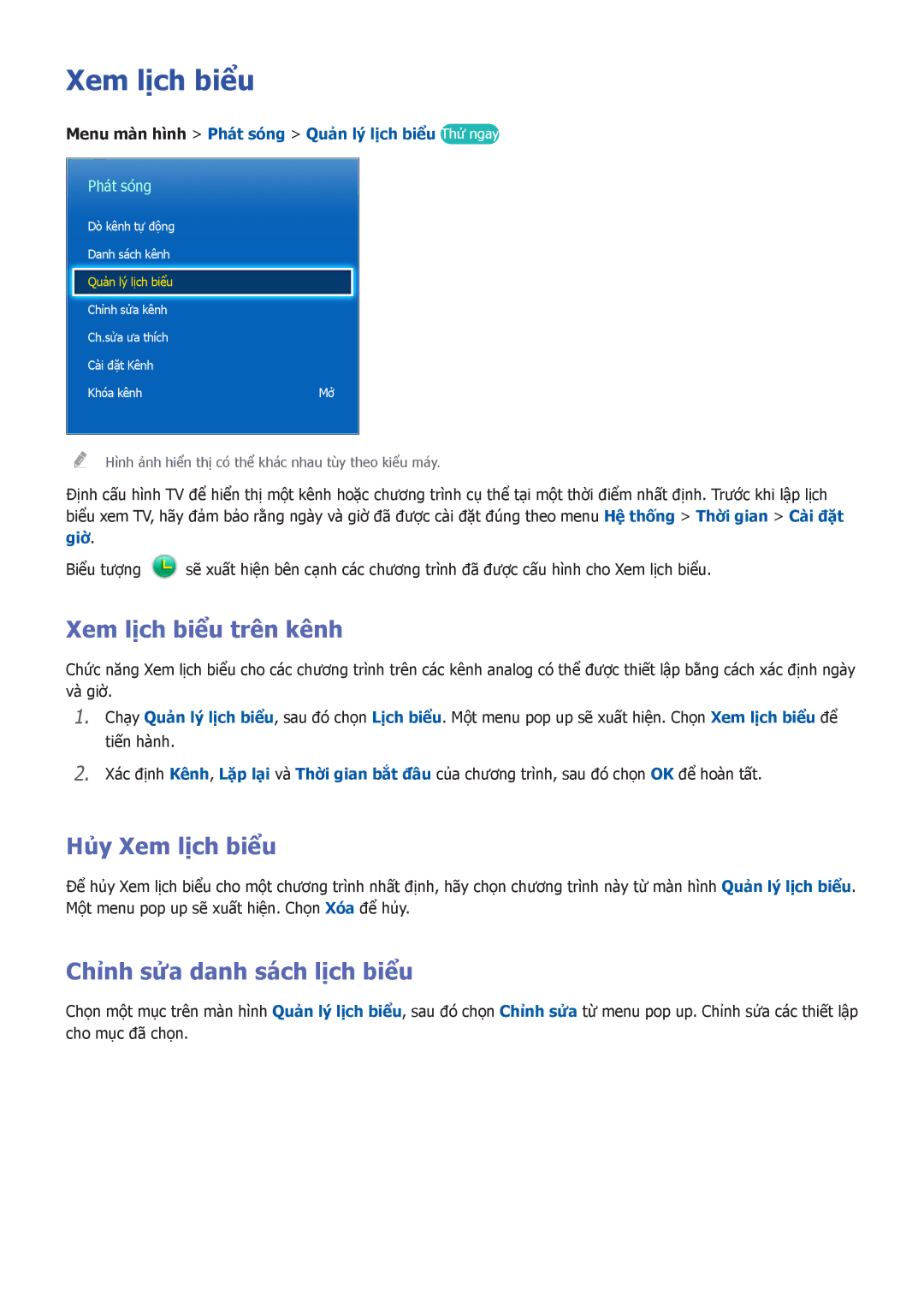 Samsung UA55F9000ARXXV, UA55F7500BRXXV manual Xem lịch biểu trên kênh, Hủy Xem lịch biểu, Chỉnh sửa danh sách lịch biểu 