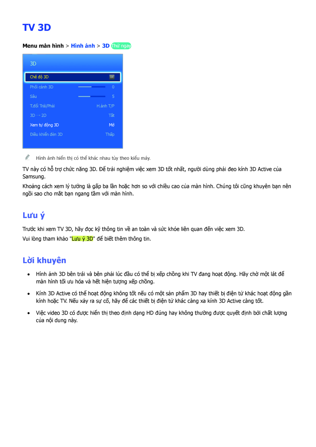 Samsung UA55F7500BRXXV, UA40F7500BRXXV, UA46F7500BRXXV, UA65F8000ARXXV, UA55F8000ARXXV, UA85S9ARXXV manual TV 3D, Lời khuyên 