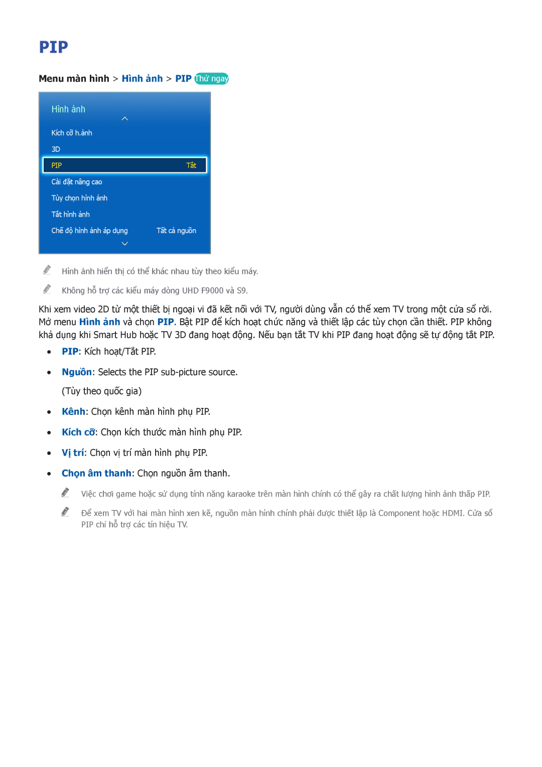 Samsung UA65F8000ARXXV, UA55F7500BRXXV, UA40F7500BRXXV, UA46F7500BRXXV, UA55F8000ARXXV, UA85S9ARXXV manual Pip, Hình ảnh 