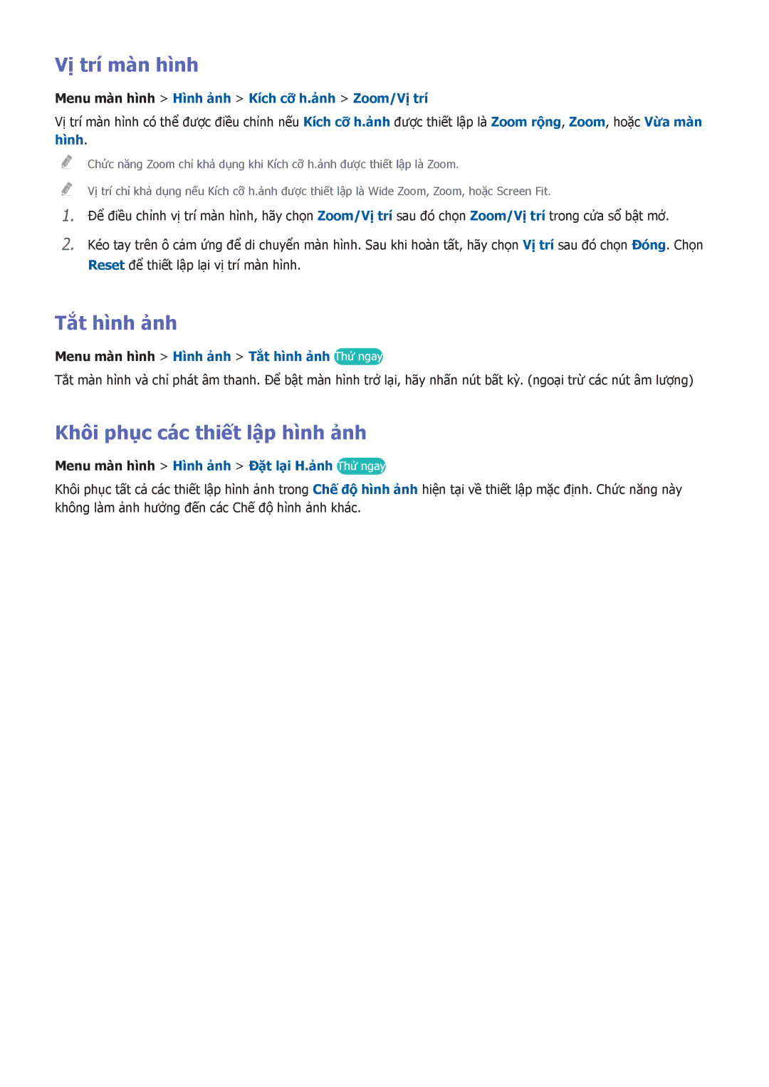 Samsung UA55F7500BRXXV, UA40F7500BRXXV, UA46F7500BRXXV manual Vị trí màn hình, Tắt hình ảnh, Khôi phục các thiết lập hình ảnh 