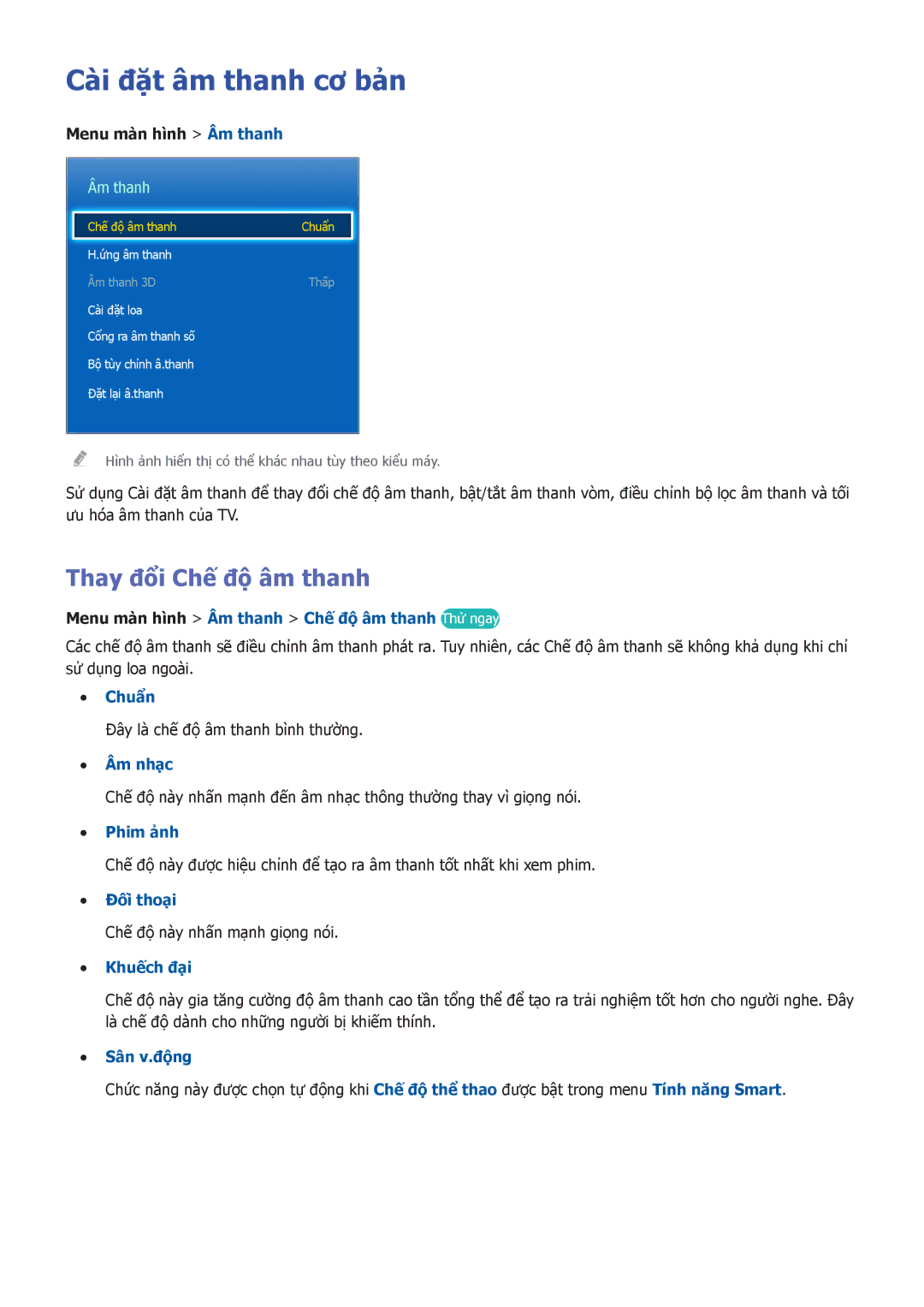 Samsung UA85S9ARXXV, UA55F7500BRXXV, UA40F7500BRXXV, UA46F7500BRXXV manual Cài đặ̣t âm thanh cơ bản, Thay đổi Chế độ âm thanh 