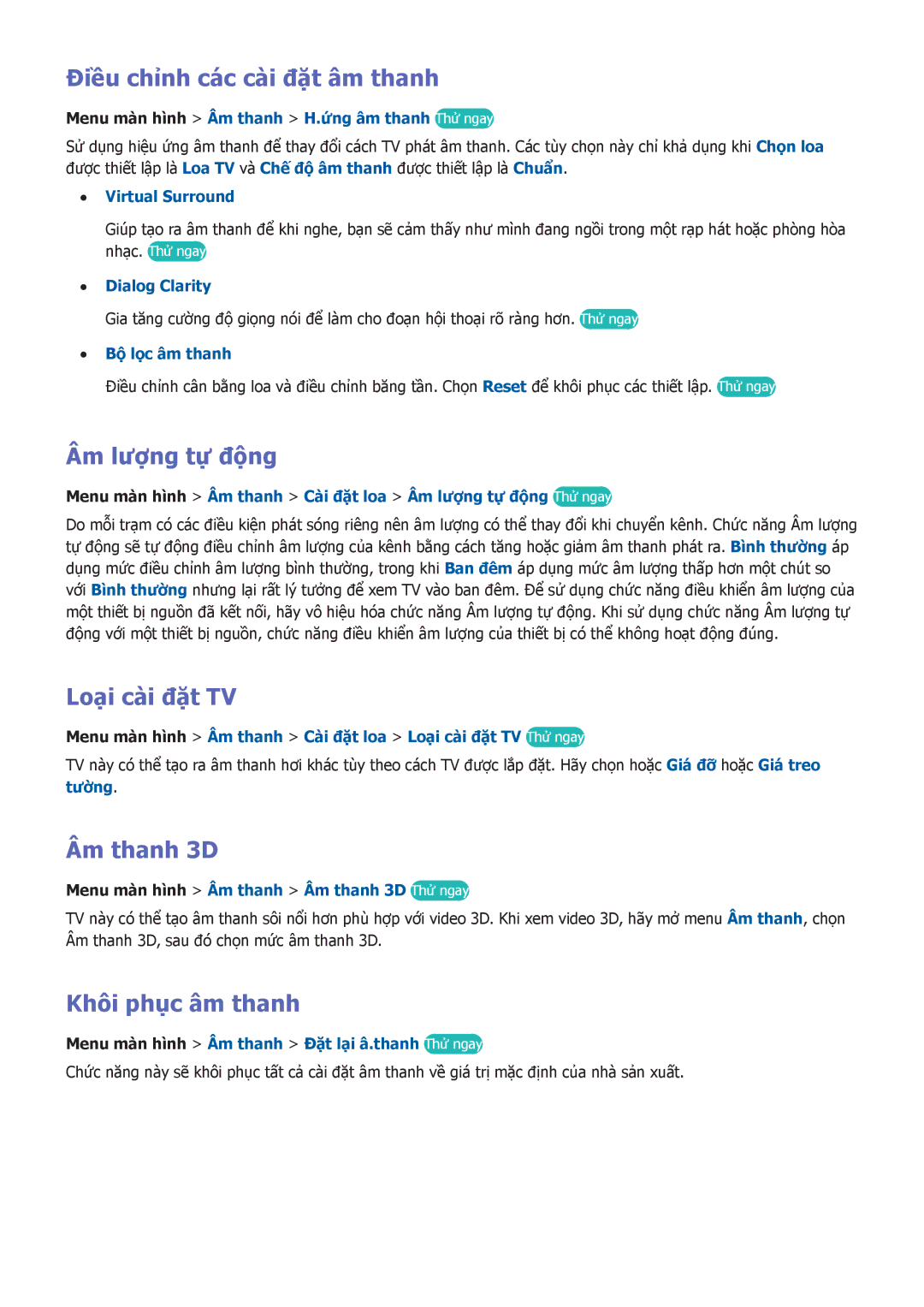 Samsung UA65F9000ARXXV, UA55F7500BRXXV Điều chỉnh các cài đặ̣t âm thanh, Âm lượng tự đông, Loại cài đặ̣t TV, Âm thanh 3D 