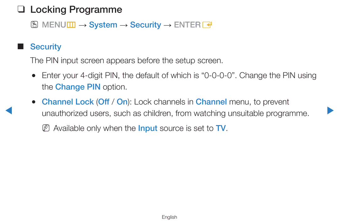 Samsung UA46D7000LRXSJ, UA55H8000ARXSK, UA65H8000ARXSK manual Locking Programme, OO MENUm → System → Security → Entere 