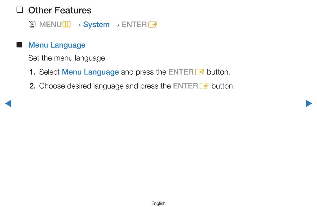 Samsung UA55D7000LNXTW, UA55H8000ARXSK, UA65H8000ARXSK, UA46D7000LRSXA manual OO MENUm → System → Entere, Menu Language 