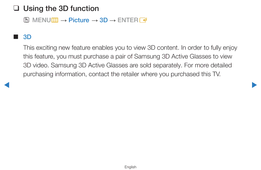 Samsung UA55D8000YRXRQ, UA55H8000ARXSK, UA65H8000ARXSK manual Using the 3D function, OO MENUm → Picture → 3D → Entere 