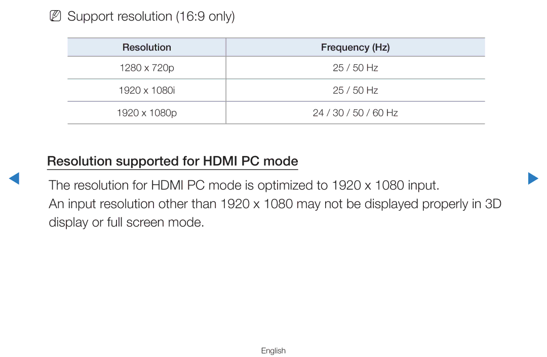 Samsung UA46D7000LRXTW, UA55H8000ARXSK, UA65H8000ARXSK, UA46D7000LRSXA, UA46D7000LRXZN manual NN Support resolution 169 only 