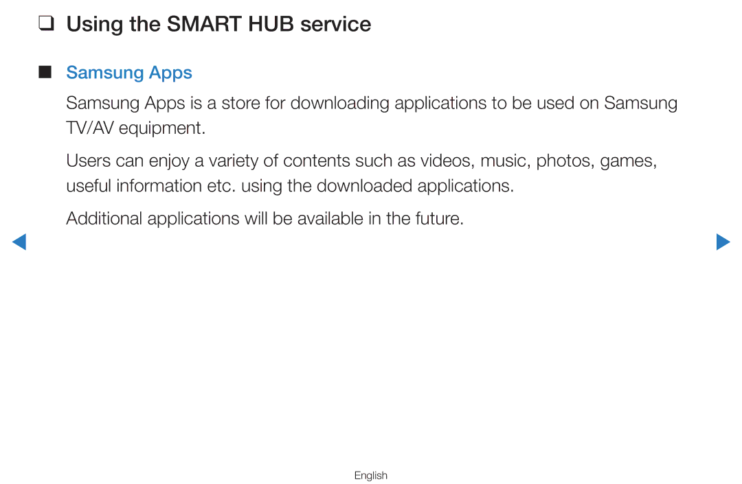 Samsung UA65D8000XRXUM, UA55H8000ARXSK, UA65H8000ARXSK, UA46D7000LRSXA manual Using the Smart HUB service, Samsung Apps 