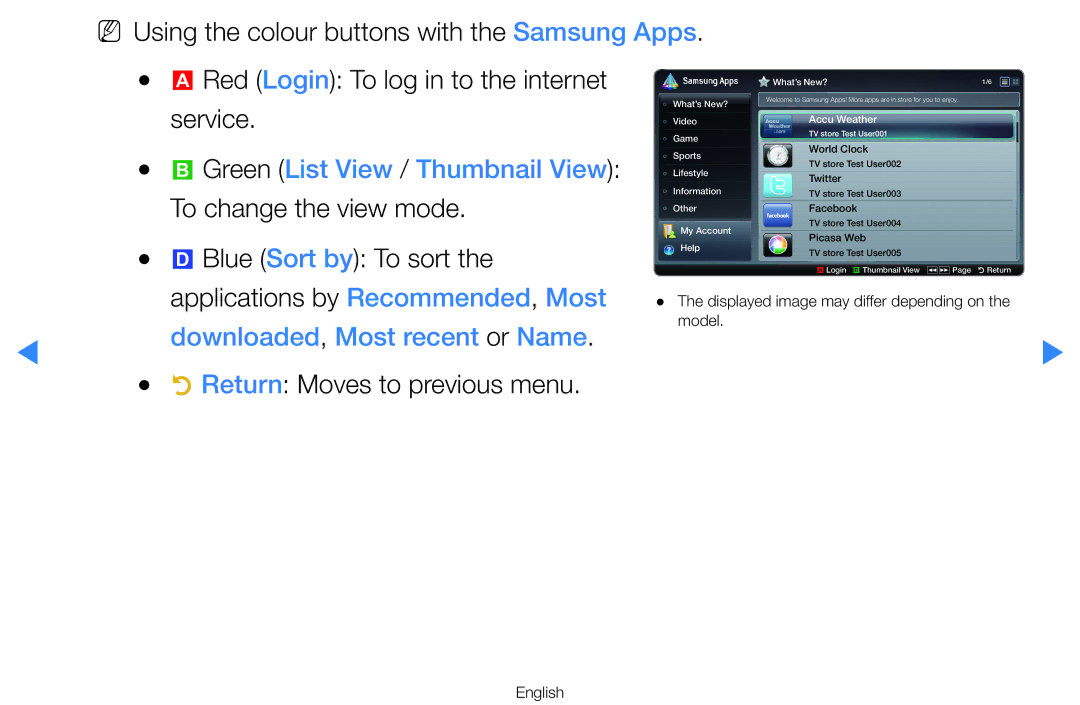 Samsung UA65H8000ARXEG Green List View / Thumbnail View, Downloaded, Most recent or Name, Return Moves to previous menu 