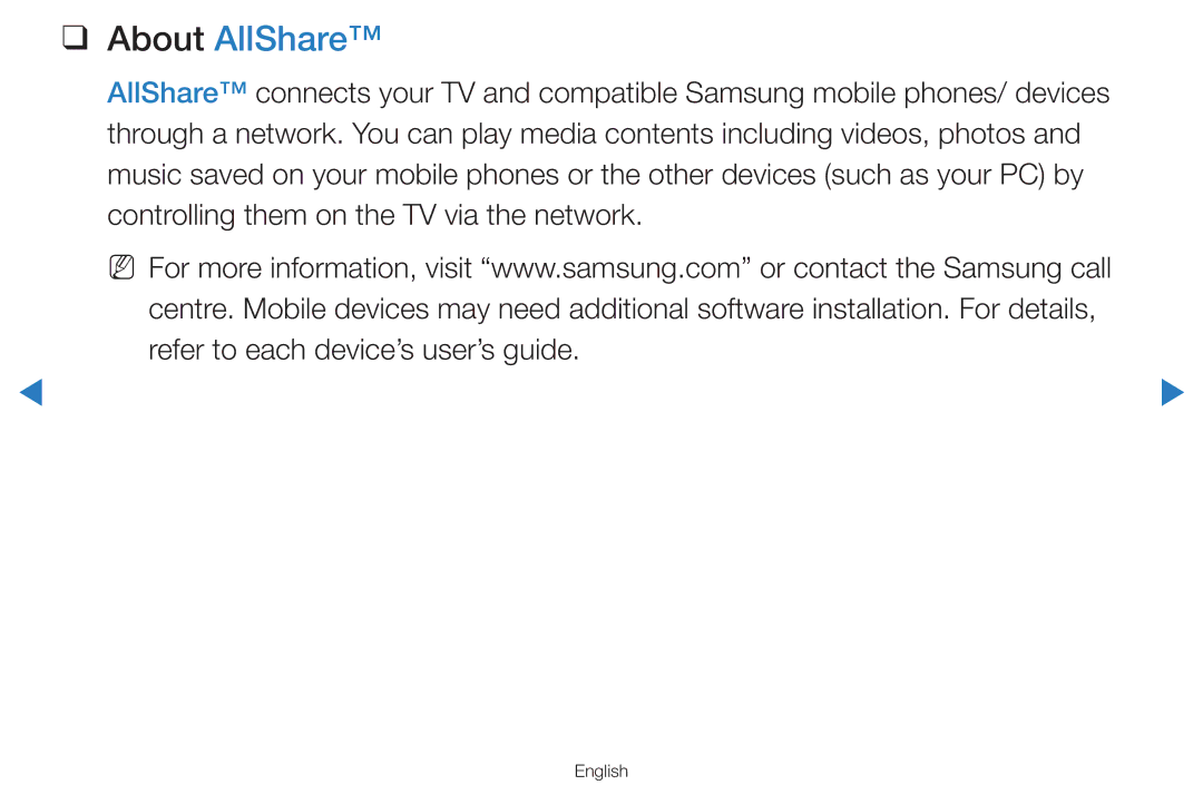 Samsung UA46D7000LNXUM, UA55H8000ARXSK, UA65H8000ARXSK, UA46D7000LRSXA, UA46D7000LRXZN, UA46D8000YNXUM manual About AllShare 