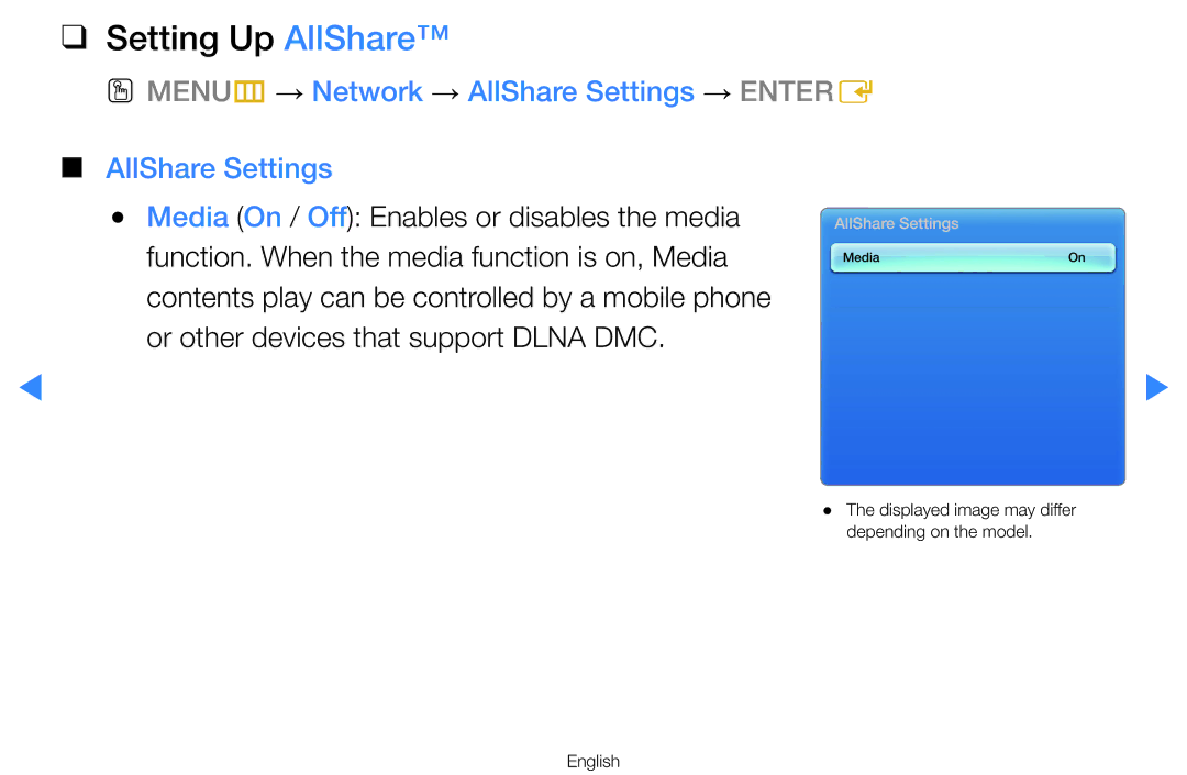 Samsung UA75H7000ARXMM, UA55H8000ARXSK, UA65H8000ARXSK Setting Up AllShare, OO MENUm → Network → AllShare Settings → Entere 